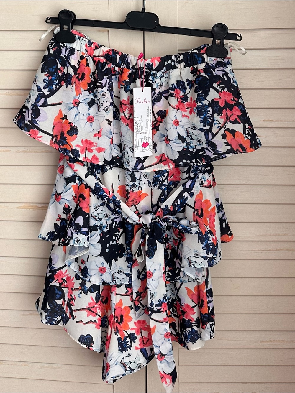 Parker Wisteria Floral Off-Shoulder Tiered Romper NWT - size XS